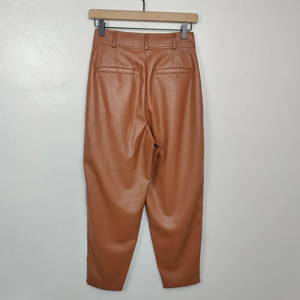 Aritzia Babaton Faux Leather Pants Womens 2‎ Brown Pleated High Rise Straight